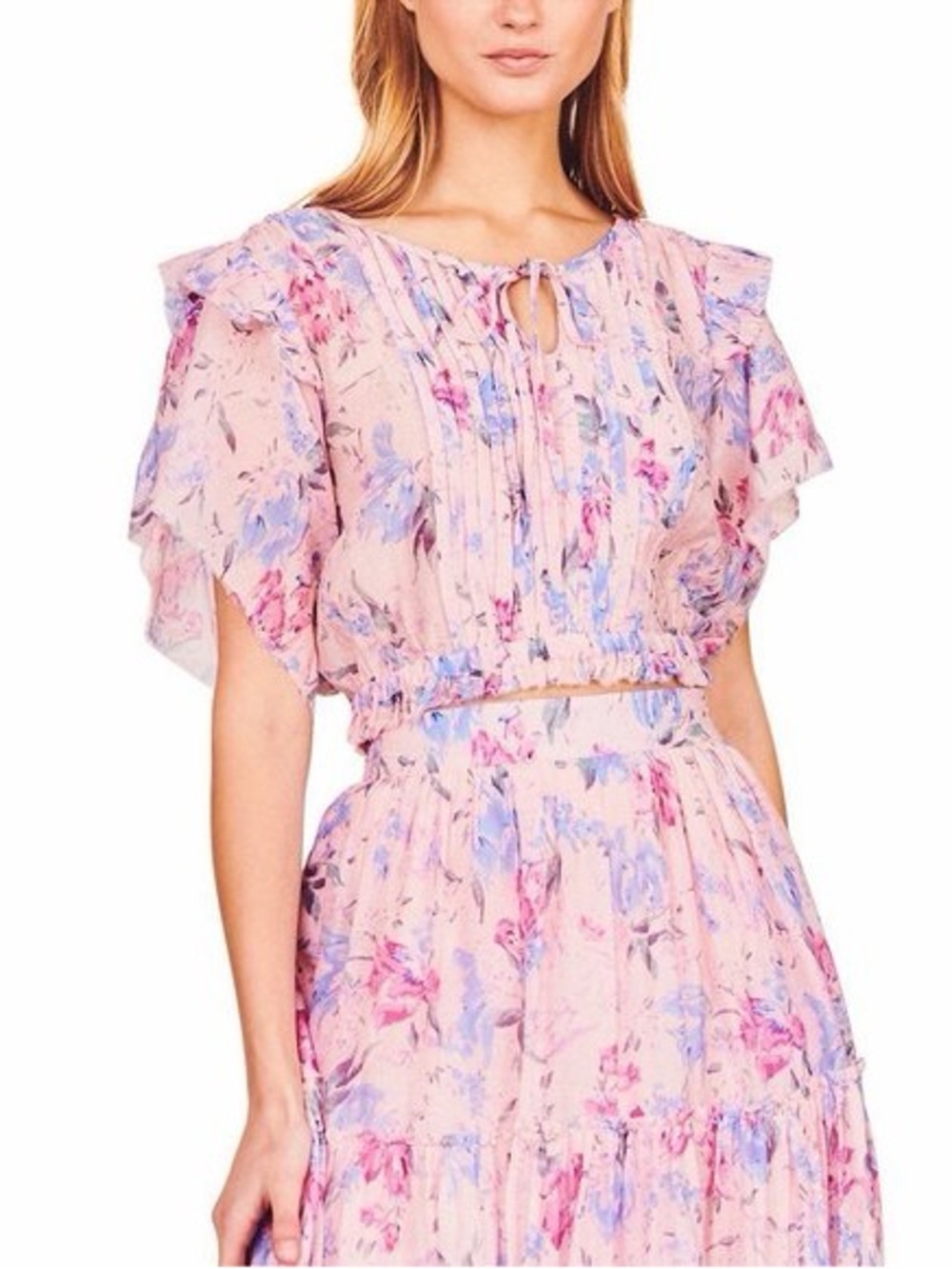 LoveShackFancy Light Pink Floral Ruffle Sleeve Blouse